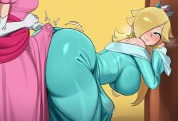 1futa 1girls ai_generated aqua_dress ass bare_shoulders bent_over big_ass blonde_hair blue_eyes blush breasts bulge_through_clothing clothed_sex crown dress earrings erection erection_under_clothes futanari gloves hair_over_one_eye huge_breasts jewelry long_hair looking_back mario_(series) nintendo off-shoulder_dress penis princess_peach princess_rosalina rosalina smile tagme