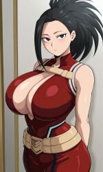 1girls ai_generated big_breasts black_eyes black_hair curvy curvy_body curvy_female curvy_figure hero_outfit_(mha) huge_breasts large_breasts light-skinned_female light_skin looking_at_viewer momo_yaoyorozu my_hero_academia shao145 shiny_skin solo solo_female
