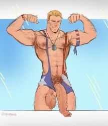 1boy american bara big_balls big_dick big_penis blonde_hair blue_eyes captain_america captain_america_(marvel_rivals) denif dick flexing flexing_bicep foreskin foreskin_folds foreskin_overhang gay hairy hairy_armpits hairy_balls hairy_chest hairy_male long_penis marvel marvel_comics marvel_rivals muscles penis short_hair swimsuit swimwear thick_penis uncut uncut_male uncut_penis white_skin wrestling_outfit wrestling_singlet