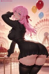 1girl ai_generated artist_name ass ball bangs black_legwear black_shirt blue_eyes blush breasts dress eyebrows_visible_through_hair ferris_wheel hair_between_eyes hair_ribbon hi_res high_quality high_resolution kawaii_dake_ja_nai_shikimori-san kiraamane large_breasts long_hair long_sleeves looking_at_viewer looking_back parted_lips patreon pink_hair pleated_skirt ribbon school_uniform seductive serafuku sexy shikimori_miyako skirt solo thighhighs thighs uncensored watermark