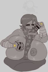 1boy 1boy1girl 1girls abrahamslapper big_breasts big_penis boobs breasts cyn_(murder_drones) cyntessa_(murder_drones) female female_focus female_only grey_background huge_breasts huge_penis male/female murder_drones offscreen_male penis_between_breasts skinwalker x_eyes