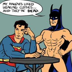 2boys abs batman batman_(bruce_wayne) batman_(series) biceps black_hair bruce_wayne cape clark_kent convenient_censoring cowl dc dc_comics endpiece funny gay hands_on_hips human interspecies justice_league kal-el kryptonian looking_away male male_only mostly_nude muscles pecs pointless_censoring serratus_anterior sitting_at_table speech_bubble superhero superhero_costume superman superman_(clark_kent) superman_(series) uncensored yaoi