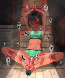 1girl ahegao armpits arms_up bdsm black_hair bondage bound bound_arms bound_legs bra collarbone commentary_request crying frogtie gag green_bra green_eyes green_panties green_socks gym_storeroom highres hitachi_magic_wand improvised_gag long_hair looking_at_viewer murakami_suigun navel open_mouth original panties restrained sex_toy socks solo spread_legs stomach sweat tape tape_bondage tape_gag teeth tongue tongue_out track_and_field track_uniform underwear ungagged upper_teeth_only vibrator
