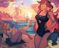 2d 2d_(artwork) 4girls animal_ears animal_tail background beach big_breasts blonde_hair genshin_impact high_quality hips long_hair mavuika_(genshin_impact) mualani_(genshin_impact) pink_hair rawelio red_hair summer varesa_(genshin_impact) xilonen_(genshin_impact) zaurian