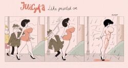 1boy 2girls annon big_ass bimbo body_paint comic female high_heels huge_breasts jucika jucika_(comic) male nipples nude public public_nudity rain raining side_view solo_focus text thick_lips thick_thighs