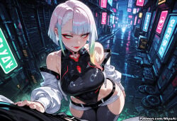 1girl ai_assisted ai_generated bangs bare_shoulders black_legwear breasts city curvaceous curvy curvy_female curvy_figure cyberpunk cyberpunk_(series) cyberpunk_edgerunners earrings female jacket large_breasts looking_at_viewer lucy_(cyberpunk) miyuai shiny short_hair silver_hair smile solo_focus thick thick_ass thick_butt thick_hips thick_legs thick_thighs thighhighs voluptuous voluptuous_female wide_hips wide_thighs