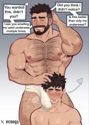 2boys abs age_difference bara beard black_hair briefs bulge chest_hair deltoids ecooqs erection erection_under_clothes father_and_son gay incest leg_hair muscular muscular_male original pecs underwear yaoi