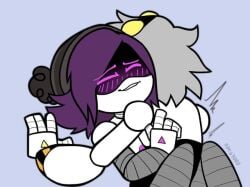 1boy 1boy1girl 1girls blue_background grey_hair hat intercourse murder_drones n_(murder_drones) penetration purple_eyes purple_hair robot_sex sdk69000 sex smiling straight straight_sex uzi_(murder_drones) uzi_doorman