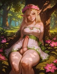 1futa ai_generated big_breasts blonde_hair curvy dickgirl dress elf elf_futa erection esendor fantasy fat_cock forest futanari huge_cock huge_penis intersex leaning_back long_hair looking_at_viewer pointy_ears see-through solo thick_penis wreath