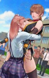 2girls albaro ass bear_hug big_breasts black_thighhighs breasts brown_eyes brown_hair dead_or_alive face_between_breasts female head_between_breasts honoka_(doa) kasumi_(doa) kunoichi large_breasts long_hair ninja one_eye_closed panties pink_hair school_uniform schoolgirl side_tie_panties thighhighs underwear variant_set yuri