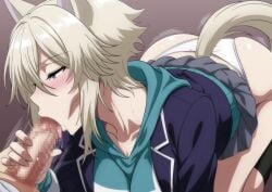 1boy 1girls bedroom blonde_hair blowjob cat_ears cat_tail hi_res highres huge_ass huge_breasts kage_no_jitsuryokusha_ni_naritakute! makiri_akira oral oral_sex short_hair sucking sucking_penis the_eminence_in_shadow tomboy zeta_(the_eminence_in_shadow)