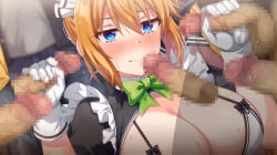 1girl 6+boys blue_eyes blush bra breasts censored choukou_(alicesoft) choukou_taisen_escalation_heroines commentary_request gloves handjob highres horosuke ichinose_yurippe imminent_fellatio large_breasts large_variant_set long_hair maid maid_headdress mosaic_censoring multiple_boys orange_hair penis underwear upper_body variant_set white_gloves