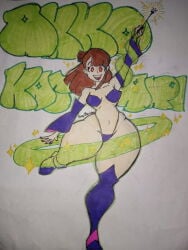 1girl atsuko_kagari big_hips bikini bimbo boots bra breast brown_hair colossal_thighs huge_thighs jennythelewd little_witch_academia long_hair magic_wand red_eyes sleeves studio_trigger tagme thick_thighs thong traditional_media_(artwork)