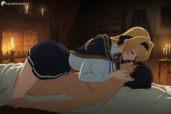 1boy 1girl ai_generated bed black_hair black_skirt blonde_hair blue_eyes blush bookshelf breasts candle candlelight clothed_female_nude_male digitalwaifugallery faceless faceless_male french_kiss girl_on_top hairband hetero hi_res high_quality high_resolution indoors kiss large_breasts lihanna_owenzaus long_hair lying nude on_back on_bed patreon pillow seductive sex sexy shirt skirt straddling tongue tongue_out uncensored watermark white_shirt