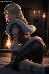 1girl ai_generated ass astrid_hofferson belt blonde_hair blue_eyes boots braid breasts candle dreamworks fire fireplace fur_collar fur_trim gloves hi_res high_quality high_resolution indoors knee_boots looking_at_viewer looking_back pants patreon seductive sexy solo spicytoonai uncensored watermark