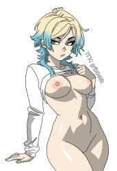 1girl 2d artist_name blonde_hair blue_eyes blue_hair blue_lock bottomless breasts closed_mouth clothes_lift cowboy_shot genderswap genderswap_(mtf) gradient_hair lifted_by_self long_sleeves looking_at_viewer makeup medium_breasts michael_kaiser multicolored_hair navel nipples shirt shirt_lift simple_background solo two-tone_hair uncensored white_background white_shirt