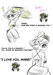 2girls bra_strap_is_showing_(meme) callie_(splatoon) english_dialogue english_text marie_(splatoon) nodo_inkling splatoon