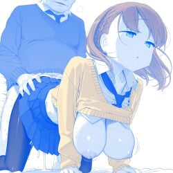 1boy 1girl :o age_difference ai-chan_(tawawa) ai_generated all_fours bed_sheet blue_eyes blue_theme bouncing_breasts braid breasts breasts_out brown_hair clothed_sex clothes_lift cum doggystyle emotionless_sex fat female getsuyoubi_no_tawawa hanging_breasts hetero large_breasts long_sleeves loose_necktie male motion_lines necktie netorare nipples no_bra old old_man pantyhose parted_lips pleated_skirt school_uniform sex sex_from_behind shirt_lift short_hair side_braid simple_background skirt sweat sweater sweater_lift torn_clothes torn_pantyhose unbuttoned white_background wing_collar yellow_sweater