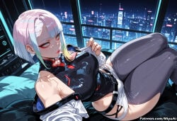 1girl ai_assisted ai_generated bare_shoulders belt black_legwear breasts building city city_lights cityscape curvaceous curvy curvy_female curvy_figure cyberpunk_(series) cyberpunk_edgerunners female jacket large_breasts leotard looking_at_viewer lucy_(cyberpunk) miyuai monitor red_eyes skyscraper solo thick thick_ass thick_butt thick_hips thick_legs thick_thighs thighhighs thighs voluptuous voluptuous_female white_hair wide_hips wide_thighs