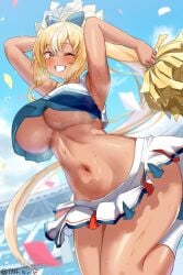 1girl armpits arms_up artist_name bare_arms blonde_hair blue_bow blush bow breasts cheering cheerleader cowboy_shot crop_top dark-skinned_female dark_elf dark_skin elf gradient_eyes grin hair_bow high_ponytail highres holding holding_pom_poms hololive large_breasts long_hair looking_at_viewer microskirt midriff multicolored_eyes multicolored_hair navel one_eye_closed pointy_ears pom_pom_(cheerleading) pom_poms ponytail red_eyes shiranui_flare shirt signature skirt sleeveless sleeveless_shirt smile solo stadium streaked_hair sweat taff_airite thick_thighs thighs underboob very_long_hair virtual_youtuber white_skirt white_streaks
