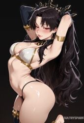 1girl ai_generated anklet arched_back armlet armpits arms_behind_head arms_up artist_name ass asymmetrical_legwear asymmetrical_sleeves bare_shoulders bikini black_background black_bikini black_hair black_thighhighs blush breasts detached_collar detached_sleeves earrings fate/grand_order fate_(series) futarush gold_trim highleg_bikini hoop_earrings ishtar_(fate) ishtar_(fate/grand_order) jewelry lips long_hair looking_at_viewer medium_breasts mismatched_bikini navel neck_ring parted_bangs patreon patreon_username red_eyes shiny_skin single_detached_sleeve single_thighhigh smile solo stomach sultryspark swimsuit thighhighs thighlet thighs thong tiara two_side_up white_bikini