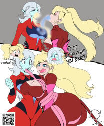 accidental_circumstance ann_takamaki blonde_female blue_eyes blue_skin body_swap crossover curvaceous dragon_ball dragon_ball_xenoverse female female_only huge_ass huge_breasts long_tongue onat open_mouth persona persona_5 skin_tight tentacle thick_thighs tongue towa white_hair