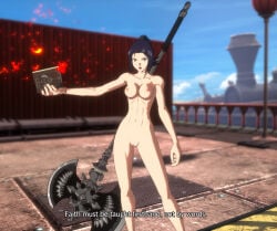 3d arc_system_works black_hair blue_eyes completely_nude completely_nude_female crusader dnf_duel dungeon_and_fighter inquisitor_(dungeon_and_fighter) knight medium_breasts mod nipples nude nude_female nude_mod ponytail pussy spear tied_hair vagina weapon
