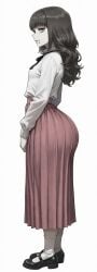 ai_generated ass big_ass curly_hair fear_and_hunger fear_and_hunger:_termina gray_eyes grey_hair looking_at_viewer marina_(fear_and_hunger) mrnails piercings pleated_skirt ribbon shirt shoes side_view skirt socks solo trans_woman white_background white_socks