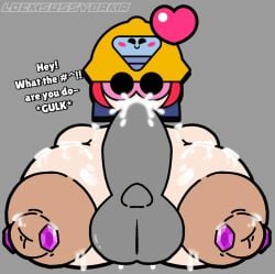 alternate_version_available anon blowjob boobs brawl_stars breasts bust_portrait busty cum cum_in_mouth cum_on_breasts disembodied_penis erect_nipples hyper_breasts interrupted jacky_(brawl_stars) locksussybaka pierced_nipples self_upload shocked shocked_expression