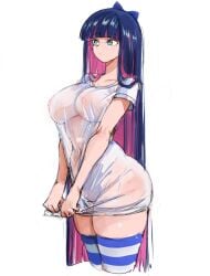 big_breasts blue_hair female legwear naked_shirt no_underwear panty_&_stocking_with_garterbelt rakeemspoon see-through see-through_clothing see-through_shirt shirt stocking_anarchy stockings striped_legwear striped_stockings