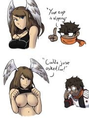 big_breasts black_topwear blue_eyes breasts brown_hair choker english english_dialogue english_text eunie_(xenoblade) ghostfactory glasses head_wings high_entia human lifting_shirt meme meme_reference nipples orange_scarf scarf smile taion_(xenoblade) xenoblade_(series) xenoblade_chronicles_3