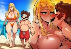 1boy 1girl ai_generated beach bikini boxers female french_kiss male mario mario_(series) massive_breasts metroid samus_aran sunset super_mario_bros. super_smash_bros. walking