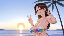 1girls 2d 2d_(artwork) ai_assisted ai_generated areola areolae big_breasts bikini bikini_bottom bikini_top breasts brown_hair brunette cleavage digital_drawing_(artwork) digital_media_(artwork) female female_focus female_only hi_res high_quality high_resolution highres jenny_(summertime_saga) light-skinned_female light_skin long_hair looking_at_viewer nipples palm_tree panties peace_sign presenting_breasts sideboob sitting smile smiling summertime_saga sunrise teenage_girl teenager thick_thighs wienergens