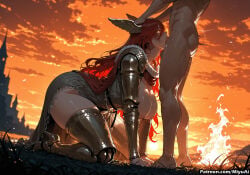 1boy 1girl ai_assisted ai_generated all_fours armor boots breasts cloud cum curvaceous curvy curvy_female curvy_figure elden_ring female fire gauntlets giantess hanging_breasts hetero large_breasts long_hair malenia_blade_of_miquella miyuai molten_rock mountain nipple_piercing nipples orange_sky outdoors penis planted_sword planted_weapon red_hair sex sky solo_focus sunset thick thick_ass thick_butt thick_hips thick_legs thick_thighs thighhighs thighs voluptuous voluptuous_female watermark wide_hips wide_thighs