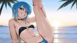 1girls 2d 2d_(artwork) ai_assisted ai_generated bikini bikini_top blue_eyes blue_hair breasts digital_drawing_(artwork) digital_media_(artwork) eve_(summertime_saga) female female_focus female_only hi_res high_quality high_resolution highres light-skinned_female light_skin looking_at_viewer one_leg_raised palm_tree raised_leg small_breasts smile smiling summertime_saga sunrise teenage_girl teenager thick_thighs two-tone_hair wienergens