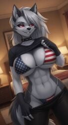 1female 1girls abs ai_generated american_flag_bikini anthro athletic athletic_body athletic_female beautiful bed bedroom big_ass big_breasts bikini black_shirt breast_grab breasts canid canine canis clothed clothing demon demon_girl ear_piercing ears female fingerless_gloves fit fit_body fit_female furry furry_only goth goth_girl grabbing grabbing_breasts grabbing_own_breast grey_body grey_fur grey_hair hellhound helluva_boss hi_res high_resolution highres indoors inside long_hair looking_at_viewer loona_(helluva_boss) multicolored_fur muscles muscular muscular_female mythological_canine mythological_creature mythology notched_ear pants red_sclera sexy shirt shirt_lift silver_hair smile smiling smiling_at_viewer stylized swimsuit swimwear tagme tail toned toned_body toned_female two-piece_swimsuit two-tone_body two-tone_fur two-tone_tail vivienne_medrano vivziepop white_body white_eyes white_fur window wolf wolf_girl