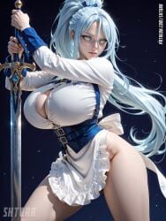 ai_generated bewitching_thighs big_breasts blue_eyes blue_hair cleavage shtora sword sylpha_langlis tensei_shitara_dai_nana_ouji_dattanode,_kimamani_majutsu_o_kiwamemasu