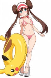 1girls ai_generated bikini blush cameltoe double_bun feet female hair_bun high_heels innertube long_hair nintendo pikachu platform_heels pokemon pokemon_bw2 rosa_(pokemon) striped_bikini swimwear twintails visor_cap wristband