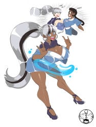 avatar_the_last_airbender blue_eyes brown_hair crossover dark-skinned_female female_only fusion heels huge_ass huge_breasts katara merging onat potara_earrings rwby shocked thick_thighs toned_body toned_legs tongue_out weiss_schnee white_hair