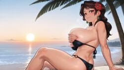 1girls 2d 2d_(artwork) ai_assisted ai_generated areola areolae ass big_breasts bikini bikini_bottom bikini_top black_bra black_panties breast_press breast_squeeze breasts brown_hair brunette digital_drawing_(artwork) digital_media_(artwork) female female_focus female_only flower flower_in_hair hi_res high_quality high_resolution highres light-skinned_female light_skin long_hair looking_at_viewer maria_(summertime_saga) nipples palm_tree panties presenting_ass presenting_breasts sideboob sitting smile smiling summertime_saga sunrise thick_thighs wienergens