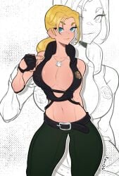 1girls blonde_hair blue_eyes breasts female female_focus female_only hi_res huge_breasts long_hair looking_at_viewer mortal_kombat mortal_kombat_(2011) ponytail seductive_look solo solo_female solo_focus sonya_blade sonya_blade_(mk9) voluptuous voluptuous_female