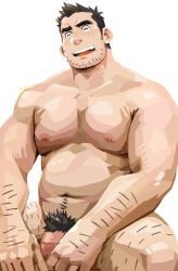 1boy arm_hair bara beard_stubble belly black_hair closed_eyes completely_nude facial_hair facing_viewer highres large_pectorals leg_hair male_focus muscular muscular_male nipples nude open_mouth original pectorals penis plump pubic_hair short_hair simple_background sitting smile solo strongman_waist stubble suamaru sweatdrop thick_eyebrows uncensored white_background