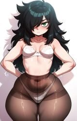 1girl 1girls ai_generated black_hair bra female female_focus female_only front_view green_eyes hair_over_one_eye kuroki_tomoko lingerie lingerie_only long_hair looking_at_viewer mrnails panties pantyhose shortstack small_breasts solo solo_female thick_thighs thighs tomoko_kuroki watashi_ga_motenai_no_wa_dou_kangaetemo_omaera_ga_warui! white_background white_panties