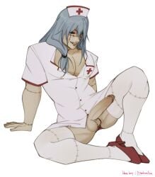 1boy artist_name blue_hair clothing durkkway erection femboy high_heeled_shoes high_heels jujutsu_kaisen long_hair looking_at_penis mahito_(jujutsu_kaisen) male male_only nurse nurse_clothing nurse_uniform penis satanisa solo stitches thick_thighs white_background