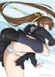 1girls ass brown_eyes brown_hair dead_or_alive female hirake_goma_doa kasumi_(doa) long_hair panties pantyshot pantyshot_(kicking) ponytail school_uniform schoolgirl underboob upskirt white_panties white_underwear