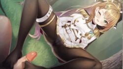 1boy 1boy1girl 1girl animated breasts brown_hair clothed footjob game_cg gif hair_ribbon large_breasts leaning_back long_hair military_uniform panties_only panties_visible_through_clothing pantyhose penis ponytail shirt sitting skirt skirt_lift spread_legs sugar_conflict_x tied_hair uncensored