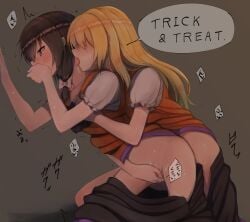 2girls alternate_costume black_bow black_bowtie black_skirt blonde_hair bow bowtie breasts brown_eyes brown_hair clothes_pull collarbone commentary_request covering_own_mouth english_text fingering flat_chest fumei_(mugendai) grey_background groping hair_bow hair_over_eyes hand_on_another's_crotch licking licking_another's_neck long_hair maribel_hearn missing_headwear mixed-language_text multiple_girls orange_vest puffy_short_sleeves puffy_sleeves pussy_juice saliva shirt short_sleeves skirt skirt_pull speech_bubble sweat tears touhou translation_request trick_or_treat usami_renko vest white_bow white_shirt yuri