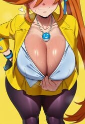 1girls ai_generated athena_cykes big_breasts blush breasts_focus cleavage cleavage_focus cleavage_pull female female_only gyakuten_saiban hand_on_hip head_out_of_frame huge_breasts leaning_forward seductive_smile smile solo_female standing sweaty_body tagme thick_thighs wide_hips