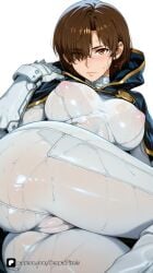 1girl ai_generated armor artist_name ass blush breasts brown_eyes brown_hair cameltoe cape covered_nipples evie_(stellar_blade) gloves hair_over_one_eye large_breasts looking_at_viewer lying nipples on_side pants patreon questionable see-through shift_up short_hair simple_background solo stellar_blade stellar_blade:_blood_rain sweat wet wet_clothes white_background white_pants