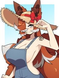 1girls big_breasts brown_hair commission ear_tuft eyelashes female female_only fox_ears fox_girl fox_tail furry_tail hair_over_one_eye hi_res highlights_(coloring) j5daigada long_hair looking_at_viewer overalls sideboob silver_eyes smiling smiling_at_viewer solo straw_hat tail tattoo tattoo_on_shoulder white_highlights